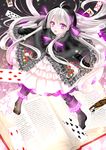  black_ribbon book card dress fate/extra fate_(series) frilled_dress frills full_body hair_ribbon highres king_of_diamonds long_hair mushroom nursery_rhyme_(fate/extra) open_book open_mouth playing_card purple_eyes queen_of_clubs ribbon silver_hair solo star yuzushiro 
