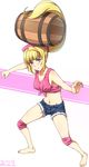  bare_shoulders barefoot barrel blonde_hair breasts cleavage cosplay denim denim_shorts dixie_kong dixie_kong_(cosplay) donkey_kong_country donkey_kong_country_2 earrings gundam gundam_tekketsu_no_orphans highres jewelry kanden_suki kudelia_aina_bernstein large_breasts long_hair looking_at_viewer midriff navel parody ponytail purple_eyes shorts solo 