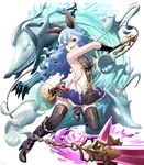  :d animal_ears black_gloves black_legwear blue_hair boots breasts cat_ears dog dress erune ferry_(granblue_fantasy) full_body ghost gloves granblue_fantasy high_heel_boots high_heels holding jewelry leg_up long_hair marusan open_mouth pale_skin sideboob simple_background single_earring small_breasts smile solo thighhighs v-shaped_eyebrows white_background yellow_eyes zettai_ryouiki 