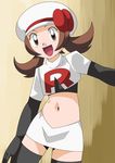  brown_hair hainchu kotone_(pokemon) looking_at_viewer navel nintendo pokemon smile team_rocket_(cosplay) 