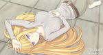  arm_up belt blonde_hair breasts collarbone gundam gundam_tekketsu_no_orphans kanden_suki kudelia_aina_bernstein large_breasts long_hair long_sleeves looking_at_viewer lying on_back pants purple_eyes shirt solo tamatoys tile_floor tiles very_long_hair 