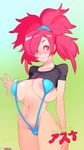  areola_slip areolae asuna_(pokemon) blush breasts doxy gym_leader large_areolae large_breasts long_hair looking_at_viewer navel nintendo pink_eyes pink_hair pokemon pokemon_(game) pokemon_rse shirt_lift sling_bikini smile solo standing swimsuit 