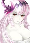  blush breasts collarbone dark_jeanne dark_persona feathers flower granblue_fantasy hair_censor hair_feathers hair_flower hair_ornament jeanne_d'arc_(granblue_fantasy) kz_nagomiya large_breasts long_hair looking_at_viewer nude open_mouth orange_eyes simple_background solo upper_body white_background white_hair white_skin 
