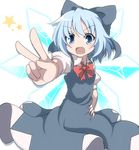  blue_bow blue_dress blue_eyes blue_hair blush bow bowtie cirno collared_shirt cowboy_shot crystal do_(4-rt) dress eyelashes fang foreshortening hair_bow hand_gesture hand_on_hip highres ice ice_wings outstretched_arm pinafore_dress puffy_short_sleeves puffy_sleeves red_bow red_neckwear shirt short_sleeves solo star tareme tooth touhou v white_shirt wing_collar wings 