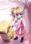  alternate_costume blonde_hair blue_skin cherry_blossoms dress fang full_body hair_ribbon hammer high_heels league_of_legends long_hair looking_at_viewer menyuu petals pink_dress pointy_ears poppy purple_eyes ribbon shoes smile solo standing twintails warhammer weapon wide_sleeves yordle 