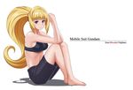  black_bra black_shorts blonde_hair bra breasts copyright_name gundam gundam_tekketsu_no_orphans hair_ornament kudelia_aina_bernstein long_hair medium_breasts northman ponytail purple_eyes shorts sideboob sitting smile solo sports_bra underwear very_long_hair white_background 