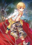  blonde_hair chain child child_gilgamesh collarbone enkidu_(weapon) fate/grand_order fate/hollow_ataraxia fate_(series) gilgamesh jacket looking_at_viewer male_focus navel official_art open_clothes open_jacket outdoors red_eyes solo tattoo tenkuu_sphere tree white_jacket 