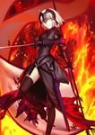  armor armored_dress black_legwear blonde_hair cape fate/grand_order fate_(series) gauntlets holding holding_sword holding_weapon jeanne_d'arc_(alter)_(fate) jeanne_d'arc_(fate)_(all) looking_at_viewer official_art short_hair solo sword takeuchi_takashi thighhighs weapon yellow_eyes 