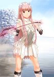  armor bangs blunt_bangs brown_eyes diadem fate/grand_order fate_(series) frilled_skirt frills gloves holding_whip lake medb_(fate)_(all) medb_(fate/grand_order) official_art outdoors pink_hair shoulder_armor skirt smile solo spaulders takayama_kisai tree whip white_gloves white_skirt 