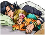  1girl adelie_(space_dandy) black_hair blonde_hair bracelet child dandy_(space_dandy) jacket jewelry letterman_jacket niuniente sleeping space_dandy stuffed_animal stuffed_bird stuffed_toy 