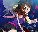  album_cover ass bracelet brown_eyes brown_hair casual cover electric_guitar fedora glasses guitar hat instrument inuinui jewelry looking_back red-framed_eyewear shorts solo touhou usami_sumireko 