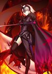  armor armored_dress black_legwear blonde_hair cape coat fate/grand_order fate_(series) fur-trimmed_cape fur_collar fur_trim gauntlets holding holding_sword holding_weapon jeanne_d'arc_(alter)_(fate) jeanne_d'arc_(fate)_(all) looking_at_viewer official_art short_hair solo sword takeuchi_takashi thighhighs weapon yellow_eyes 