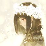  backlighting head_wreath monochrome original petals portrait profile sakimori_(hououbds) short_hair simple_background smile solo white_background wind wreath 