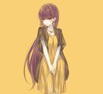  blush dress earrings hands_together hizuki_akira jewelry long_hair looking_at_viewer natsume_(pokemon) necklace pokemon pokemon_(game) purple_hair red_eyes simple_background sketch solo v_arms very_long_hair yellow yellow_background yellow_dress 