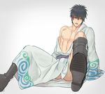  abs black_hair blue_eyes blush boots cosplay embarrassed erection erection_under_clothes gintama highres hijikata_toushirou japanese_clothes kimono knee_boots looking_away male_focus mozhi nipples open_mouth pectorals sakata_gintoki sakata_gintoki_(cosplay) solo 