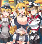  bad_id bad_pixiv_id blonde_hair blue_eyes braid breasts cleavage closed_eyes drink elbow_gloves fingerless_gloves food garter_straps gloves graf_zeppelin_(kantai_collection) hamburger hat highres iowa_(kantai_collection) kantai_collection large_breasts long_hair military military_uniform miniskirt mizukami_ryouma multiple_girls pantyhose peaked_cap prinz_eugen_(kantai_collection) skirt star star-shaped_pupils symbol-shaped_pupils thighhighs twin_braids uniform zettai_ryouiki 