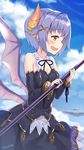  absurdres bare_shoulders blue_sky blush breasts cloud cloudy_sky commentary_request day detached_sleeves floating_island from_side granblue_fantasy hair_ornament highres holding horns idolmaster idolmaster_cinderella_girls koshimizu_sachiko kuro_chairo_no_neko lavender_hair open_mouth purple_wings short_hair silver_eyes skirt sky small_breasts solo twitter_username wings x_hair_ornament 