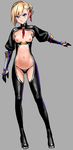  :/ arm_guards as109 ass_visible_through_thighs asymmetrical_hair black_bikini_bottom black_gloves blonde_hair bodysuit breastless_clothes breasts center_opening closed_mouth collar contrapposto framed_breasts full_body gloves hair_bun hair_ribbon half_gloves highres long_legs looking_at_viewer midriff navel ninja nipples original puffy_short_sleeves puffy_sleeves red_ribbon revealing_clothes ribbon serious short_hair short_sleeves small_breasts solo standing stomach studded_collar tsurime v-shaped_eyebrows 