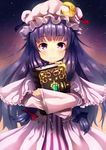  bangs blue_bow blue_ribbon blush book bow capelet crescent crescent_hair_ornament dress hair_bow hair_ornament hat hat_ribbon highres long_hair long_sleeves looking_at_viewer mob_cap patchouli_knowledge purple_eyes purple_hair red_bow red_ribbon ribbon sidelocks smile solo striped striped_dress sunsuke touhou vertical_stripes wide_sleeves 