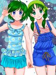  74 arm_up bandana blue_eyes blush braid fire_emblem fire_emblem:_rekka_no_ken floral_print green_eyes green_hair hairband holding_hands multiple_girls nino_(fire_emblem) one-piece_swimsuit overalls rebecca_(fire_emblem) shirt short_hair smile striped striped_shirt swimsuit twin_braids twintails 