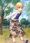  blonde_hair child child_gilgamesh collarbone fate/grand_order fate/hollow_ataraxia fate_(series) gilgamesh jacket looking_at_viewer male_focus official_art open_clothes open_jacket outdoors red_eyes solo tenkuu_sphere tree white_jacket 