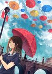  akira_(mr_akira) brown_hair cloud day long_hair original parasol rain sky smile solo umbrella 