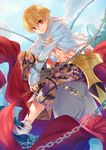  blonde_hair chain child child_gilgamesh enkidu_(weapon) fate/grand_order fate/hollow_ataraxia fate_(series) gilgamesh jacket looking_at_viewer male_focus navel official_art open_clothes open_jacket outdoors red_eyes solo tenkuu_sphere torn_jacket white_jacket 