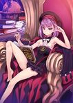  armpits barefoot black_legwear book dress fate/grand_order fate_(series) flat_chest hat helena_blavatsky_(fate/grand_order) indoors looking_at_viewer matsuryuu official_art purple_eyes purple_hair reading smile solo strapless strapless_dress tree_of_life 