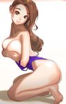  barefoot breast_hold breasts brown_eyes brown_hair cleavage competition_swimsuit covering covering_breasts curly_hair dytm hair_down highleg highleg_swimsuit highres kneeling large_breasts long_hair looking_at_viewer one-piece_swimsuit original pool_monitor_part-timer_(dytm) shiny shiny_skin sketch swimsuit swimsuit_pull 