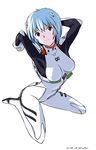  2016 ahoge arms_up artist_name ayanami_rei baba_arumi bad_id bad_pixiv_id blue_hair bodysuit breasts closed_mouth dated hairpods head_tilt medium_breasts neon_genesis_evangelion number orange_hair plugsuit red_eyes short_hair simple_background sitting skin_tight smile solo tareme two_side_up wariza white_background white_bodysuit 