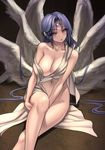  absurdres bare_legs blue_hair blush breasts cleavage collarbone crescent expressionless facial_mark forehead_tattoo groin head_tilt highres knee_up large_breasts leg_hold lips long_hair looking_at_viewer midriff multiple_wings navel original parted_lips red_eyes revealing_clothes ryuki@maguro-ex seraph solo stomach tunic unfinished white_wings wings work_in_progress 