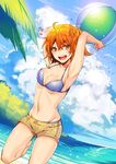  :d ahoge armpits arms_up ball bare_legs bare_shoulders barefoot beachball bikini bikini_under_clothes blue_bikini blue_sky blush body_blush bouncing_breasts breasts brown_shorts buttons cleavage cloud collarbone cowboy_shot day eyebrows eyebrows_visible_through_hair fate/grand_order fate_(series) fujimaru_ritsuka_(female) groin hair_between_eyes hair_ornament hair_scrunchie head_tilt heart holding holding_ball jumping leg_up lens_flare looking_at_viewer medium_breasts mepo_(raven0) midriff navel ocean open_mouth orange_eyes orange_hair outdoors palm_tree plant polka_dot polka_dot_bikini round_teeth scrunchie shore short_hair short_shorts shorts side_ponytail sky smile solo stomach summer sun sunlight swimsuit teeth transparent tree water yellow_scrunchie 