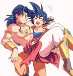  abs black_hair blue_eyes broly carrying circlet closed_eyes collarbone dougi dragon_ball dragon_ball_z earrings jewelry jiayu_long male_focus multiple_boys muscle neck_ring open_mouth princess_carry shirtless smile son_gokuu vambraces 