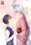  1girl age_difference animal_ears black_hair brown_eyes cocoa_(cafe-hotcocoa) fox_ears fox_tail holding_hands japanese_clothes kimono long_hair original red_eyes silver_hair tail 