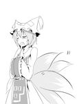  closed_eyes commentary_request cowboy_shot dress fang fox_tail frills greyscale hands_in_opposite_sleeves hat kyuubi long_sleeves mob_cap monochrome multiple_tails open_mouth pillow_hat short_hair solo tabard tail tamahana tassel touhou tsurime white_dress wide_sleeves yakumo_ran 