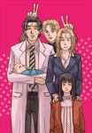  3boys anna_liebert awkward black_hair blonde_hair brother_and_sister clover_(rubbersoul) facial_hair if_they_mated jacket johan_liebert long_hair monster_(manga) multiple_boys multiple_girls siblings sweatdrop tenma_kenzou turtleneck 