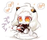  ahoge bad_id bad_pixiv_id brushing_teeth chibi eighth_note fang horns kantai_collection kuro_yuzu long_hair mittens monster musical_note northern_ocean_hime open_mouth pale_skin red_eyes shinkaisei-kan sitting solo white_hair 