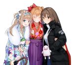  alternate_costume bow commentary_request creator_connection fur_collar girls_frontline group_hug hair_bow hair_ribbon hairband highres hug jacket japanese_clothes k-2_(girls_frontline) kimono rfb_(girls_frontline) ribbon shk955 south_korean_flag suomi_kp31_(girls_frontline) sweater umbrella v 