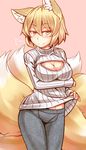  =3 alternate_costume animal_ears blonde_hair blush breast_hold breasts cleavage clothes_lift commentary_request contemporary cowboy_shot fox_ears fox_tail large_breasts long_sleeves looking_at_viewer meme_attire multiple_tails open-chest_sweater pink_background short_hair smile solo sweater sweater_lift tail tamahana thermal_underwear touhou yakumo_ran yellow_eyes 