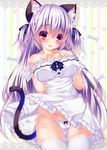  animal_ears breasts cat_ears cat_tail collarbone dress dress_lift hair_ribbon hands_on_own_chest highres kemonomimi_mode large_breasts lavender_hair long_hair looking_at_viewer off_shoulder ooji_cha open_mouth original oziko_(ooji_cha) panties pink_eyes ribbon solo strap_slip striped striped_background tail thighhighs thighs two_side_up underwear very_long_hair white_dress white_legwear white_panties wind wind_lift 