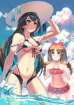  :d aguy bad_id bad_pixiv_id bikini bikini_skirt black_hair blue_eyes brown_hair clenched_teeth frilled_bikini frilled_skirt frills front-tie_top hand_on_headwear hands_on_own_chest hat long_hair multiple_girls navel o-ring o-ring_bottom o-ring_top open_mouth original red_eyes skirt smile sun_hat swimsuit teeth 
