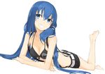  arm_support belt bikini_top blue_eyes blue_hair breasts cleavage downscaled front-tie_top grin long_hair lying md5_mismatch medium_breasts miruto_netsuki navel on_back original resized shorts smile solo teeth 
