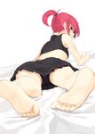  ariaria_(netsuki) ass bad_id bad_pixiv_id barefoot bed_sheet crop_top feet foreshortening highres looking_at_viewer looking_back lying miruto_netsuki on_stomach original pleated_skirt ponytail pov_feet red_eyes red_hair short_hair short_ponytail shorts shorts_under_skirt skirt soles solo toes upskirt 