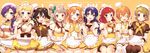  6+girls :3 :d :o :t ;d ^_^ alternate_costume apron aqua_bow aqua_eyes aqua_ribbon arm_at_side ayase_eli bangs beret black_hair blonde_hair blue_eyes blue_hair blue_ribbon blush bow bowl braid bread breasts brown_legwear cake center_frills cheese chef_hat chips chocolate choker closed_eyes closed_mouth collarbone copyright_name cream double-breasted dress earrings eating eyebrows eyebrows_visible_through_hair eyelashes fingernails food fork frilled_apron frilled_skirt frilled_sleeves frills fur_trim garters green_bow hair_between_eyes hair_bow hair_over_shoulder hair_ribbon hand_on_another's_shoulder happy hat hat_bow hat_ribbon head_tilt heart holding holding_bowl holding_food holding_fork holding_pizza holding_plate hoshizora_rin jewelry koizumi_hanayo kousaka_honoka large_breasts leg_garter locked_arms long_fingernails long_hair looking_at_another love_live! love_live!_school_idol_project maid_headdress medium_breasts minami_kotori mini_hat miniskirt mochi mouth_hold multiple_girls neckerchief nishikino_maki one_eye_closed one_side_up open_mouth orange_bow orange_hair outline pastry pinafore_dress pink_bow pizza plate ponytail porridge puffy_short_sleeves puffy_sleeves purple_eyes purple_hair red_eyes red_hair ribbon rice sakura_yuki_(clochette) sauce shiruko_(food) short_hair short_sleeves silver_hair simple_background sitting skirt slice_of_cake smile sonoda_umi soup spoken_heart sweets swept_bangs thigh_gap thighhighs toque_blanche toujou_nozomi turtleneck twintails twitter_username uniform wagashi waist_apron white_apron white_bow white_hat white_legwear wrist_cuffs yazawa_nico yellow_background yellow_bow yellow_eyes yellow_skirt 