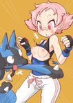  bandaid bandaid_on_nose breasts gen_4_pokemon kasa_buranka lucario nipples open_mouth perky_breasts pink_eyes pink_hair pokemon pokemon_(creature) small_breasts sumomo_(pokemon) torn_clothes wardrobe_malfunction 