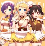  3girls :d :o ;d alternate_costume apron aqua_eyes ayase_eli bangs beret black_hair blonde_hair blue_eyes blue_ribbon bow braid breasts brown_legwear cake chef_hat chef_uniform chips chocolate copyright_name cowboy_shot cream double-breasted eyebrows eyebrows_visible_through_hair eyelashes fingernails food frilled_apron frilled_skirt frilled_sleeves frills fur_trim garters hair_bow hair_over_shoulder hair_ribbon hand_on_another's_shoulder hat holding holding_food holding_plate locked_arms long_fingernails long_hair love_live! love_live!_school_idol_project maid_headdress medium_breasts miniskirt multiple_girls neckerchief one_eye_closed open_mouth outline pink_bow plate ponytail puffy_short_sleeves puffy_sleeves purple_hair red_eyes ribbon sakura_yuki_(clochette) sauce short_sleeves simple_background skirt slice_of_cake smile swept_bangs thigh_gap thighhighs toque_blanche toujou_nozomi twintails twitter_username waist_apron white_apron white_hat wrist_cuffs yazawa_nico yellow_background yellow_skirt 