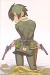  ass ass_cutout belt butt_crack coat cutout dual_wield edit green_eyes green_hair gun heart_cutout highres holster kino kino_no_tabi kuroboshi_kouhaku looking_at_viewer pants photoshop pouch suit water weapon 