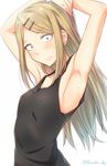  armpits arms_up bare_arms bare_shoulders blonde_hair breasts covered_nipples dagashi_kashi earrings endou_saya jewelry kanden_suki long_hair looking_at_viewer small_breasts solo tank_top upper_body yellow_eyes 