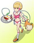  adelie_(space_dandy) blonde_hair boobies_uniform choker flat_chest food fried_egg front-tie_top green_eyes josei_(kokochiyoihagotae) polka_dot polka_dot_background ribbon shoes short_hair shorts smile socks solo space_dandy stuffed_animal stuffed_bird stuffed_toy tabasco tentacles tray waitress wrist_cuffs 