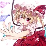  blonde_hair bow fang flandre_scarlet haiiro_(immature) hat hat_bow mob_cap open_mouth outstretched_hand pointy_ears red_eyes side_ponytail solo touhou wings 
